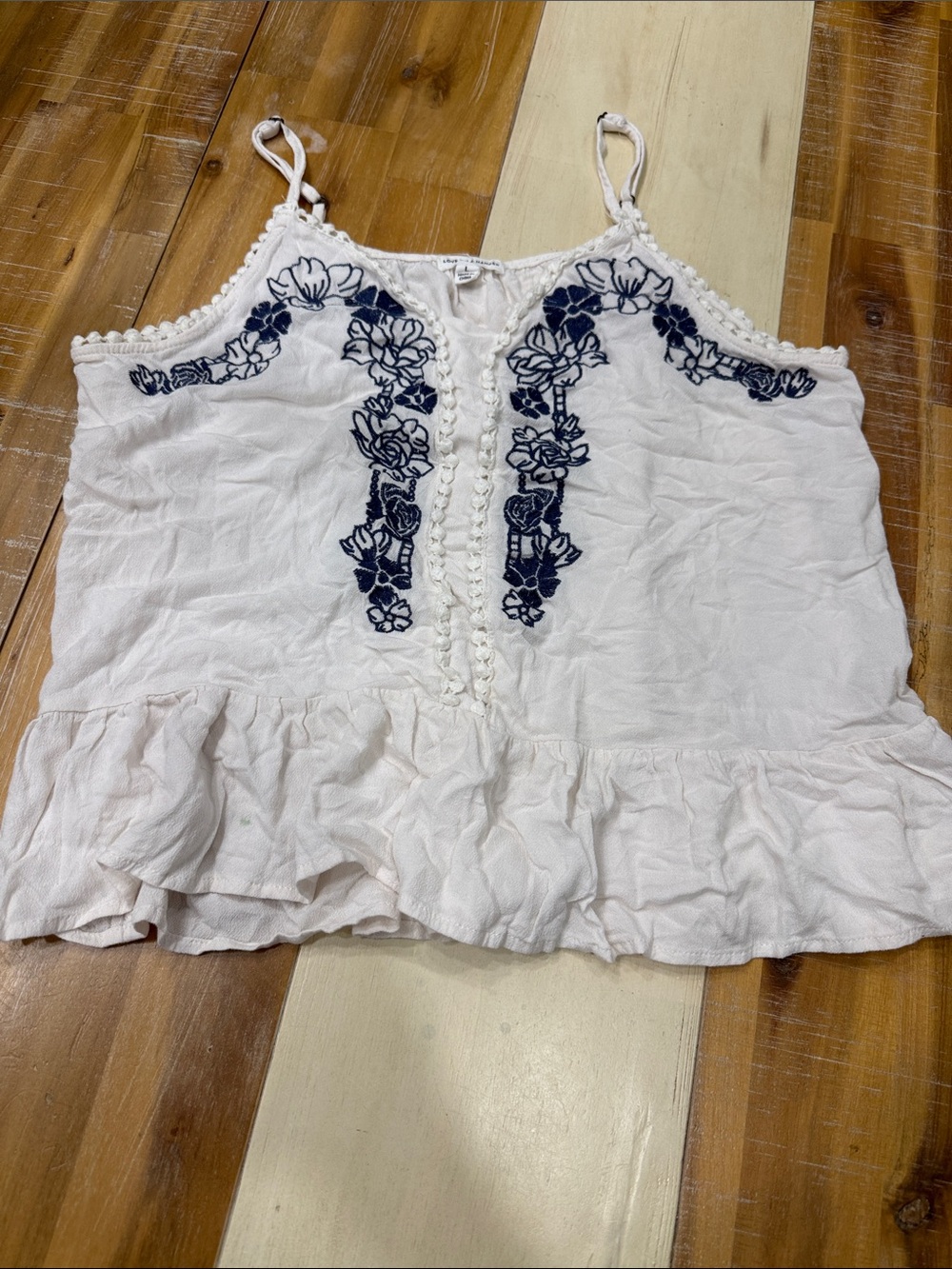 love on a hanger White Camisole with Navy Floral Embroidery